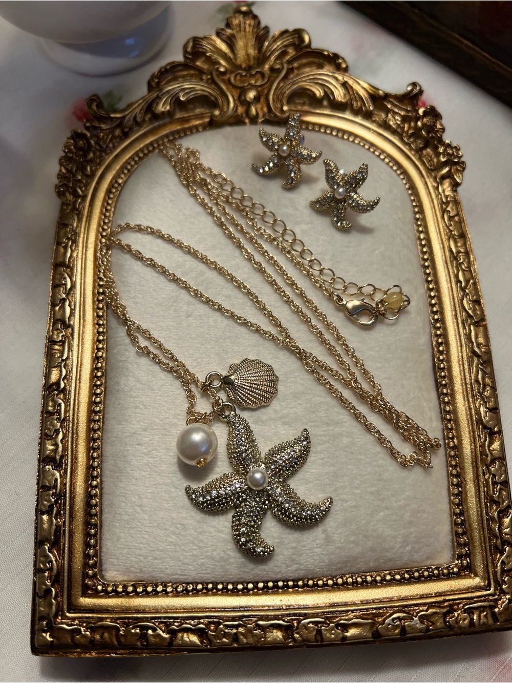 Avon Gold Starfish Necklace with Pearl Accent, Earrings and Watch Set